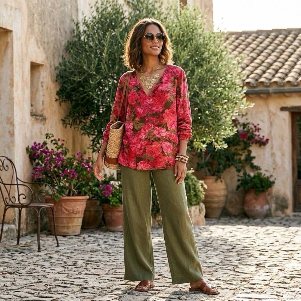J. Jill Sz L Petite Red Floral V Neck 3/4 Sleeve Pullover Garden Blouse Rose